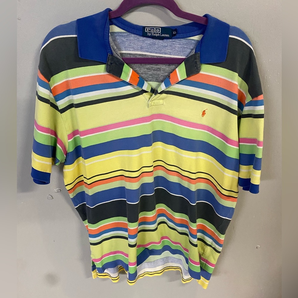 Ralph Lauren Mens Polo Shirt - Blue, Yellow, Green Stripes, Vintage